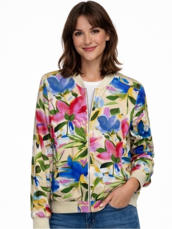 NAF NAF Jackets & Blazers - NAF NAF Paris Floral Watercolor Bomber Jacket Gold Lurex Zip Size L
